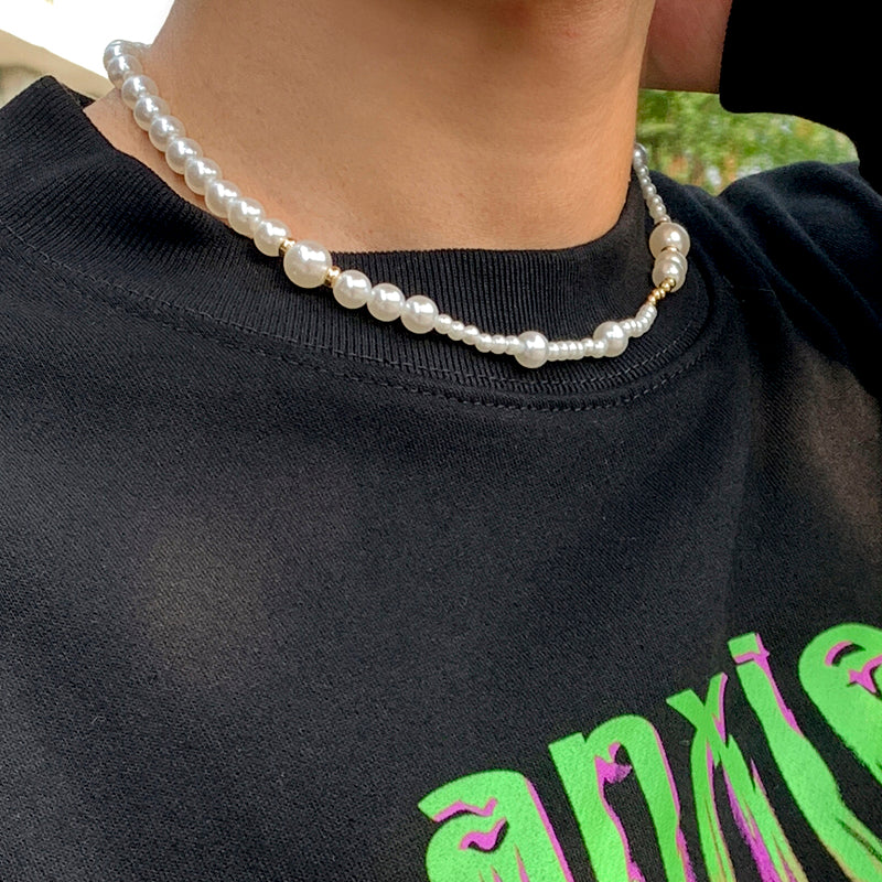 handmade asymmetric faux pearl beaded choker necklace, men’s beaded necklaces, faux pearl bead necklace, bead necklace women’s, glass bead necklace, handmade necklaces