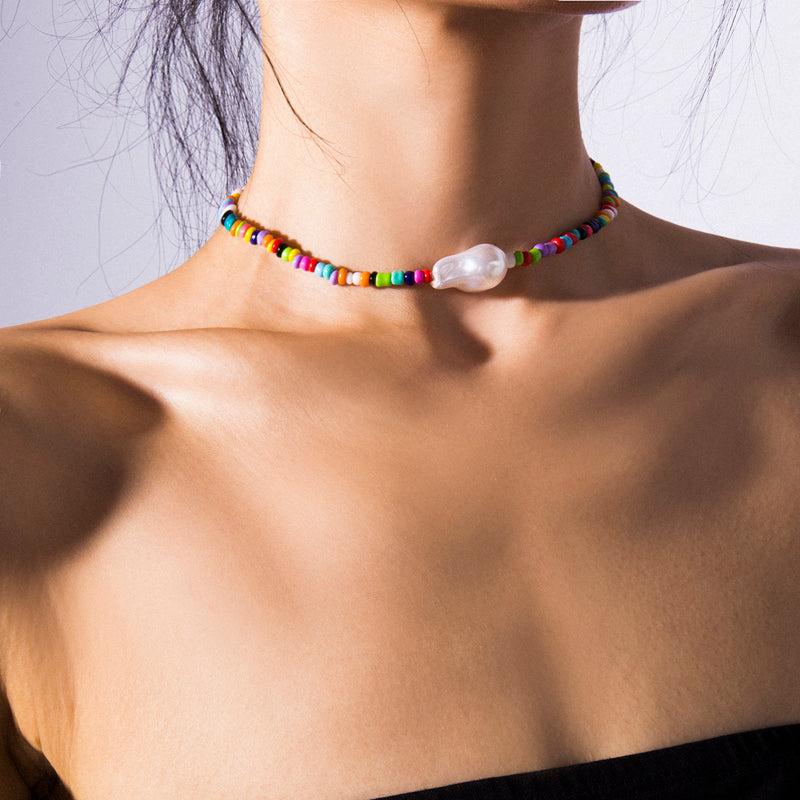 handmade baroque faux pearl beaded choker necklace, faux pearl bead necklace, colorful beaded necklace, seed bead necklace, bead necklace women’s, vintage beaded necklace, handmade beaded necklaces