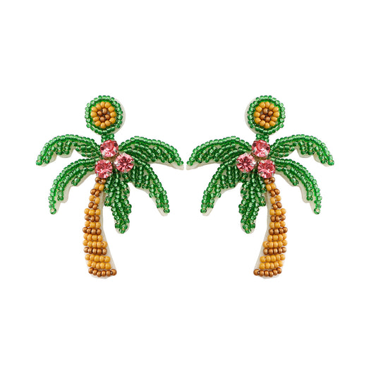 handmade coconut tree perler beaded earrings, mini perler bead earrings, cute perler bead earrings, beaded dangle earrings, patterns beaded earrings, handmade beaded earrings, boho beaded earrings, green beaded earrings