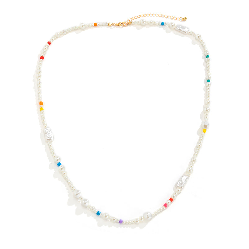 handmade colorful faux pearl long beaded necklace, faux pearl bead necklace, colorful beaded necklace, seed bead necklace, bead necklace women’s, vintage beaded necklace, handmade beaded necklaces