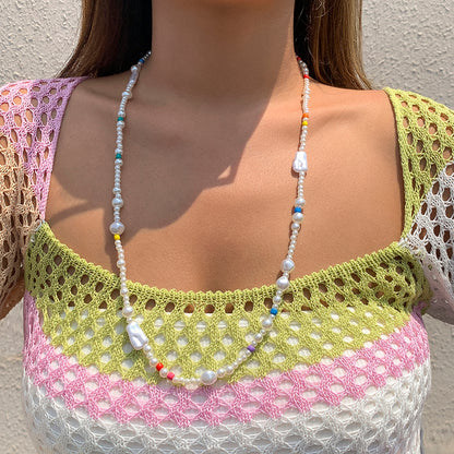 handmade colorful faux pearl long beaded necklace, faux pearl bead necklace, colorful beaded necklace, seed bead necklace, bead necklace women’s, vintage beaded necklace, handmade beaded necklaces