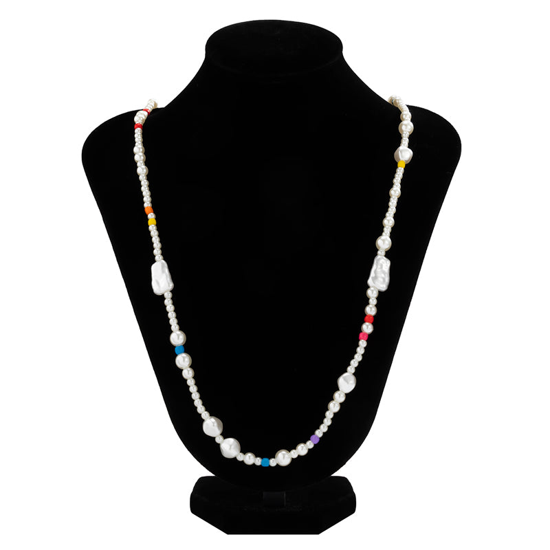 handmade colorful faux pearl long beaded necklace, faux pearl bead necklace, colorful beaded necklace, seed bead necklace, bead necklace women’s, vintage beaded necklace, handmade beaded necklaces