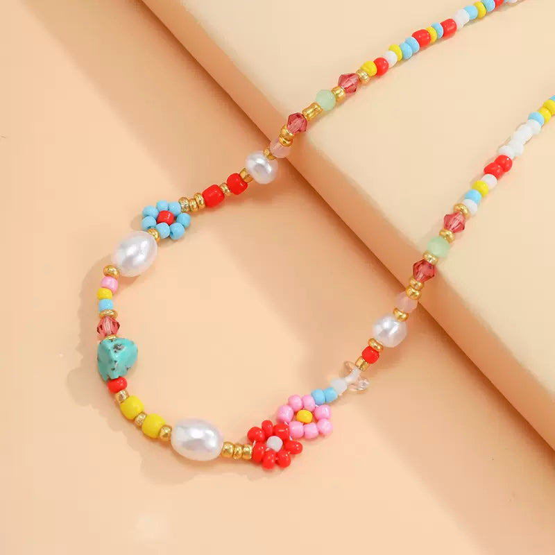 handmade colorful flower beaded choker necklace, faux pearl bead necklace, beaded flower necklace, colorful beaded necklace, seed bead necklace, bead necklace women’s, vintage beaded necklace, handmade beaded necklaces