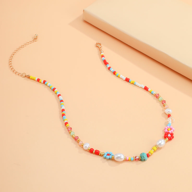 handmade colorful flower beaded choker necklace, faux pearl bead necklace, beaded flower necklace, colorful beaded necklace, seed bead necklace, bead necklace women’s, vintage beaded necklace, handmade beaded necklaces