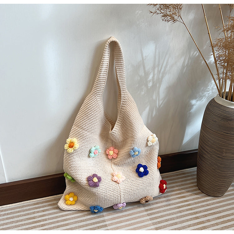 handmade floral knitted shoulder bag, knitted handbag, knitting tote bag, knitted beach bag, crochet knitting bag, handmade knitting bags, floral knitted bag