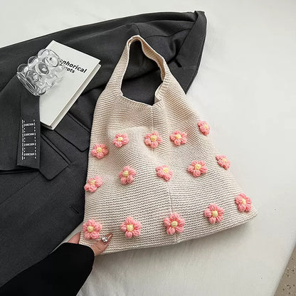 handmade floral knitted shoulder bag, knitted handbag, knitting tote bag, knitted beach bag, crochet knitting bag, handmade knitting bags, floral knitted bag