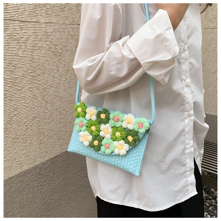 handmade knitted floral shoulder bag, knit crossbody bag, knitted beach bag, vintage knitting bag, small knitting bag, crochet knitting bag, handmade knitting bags