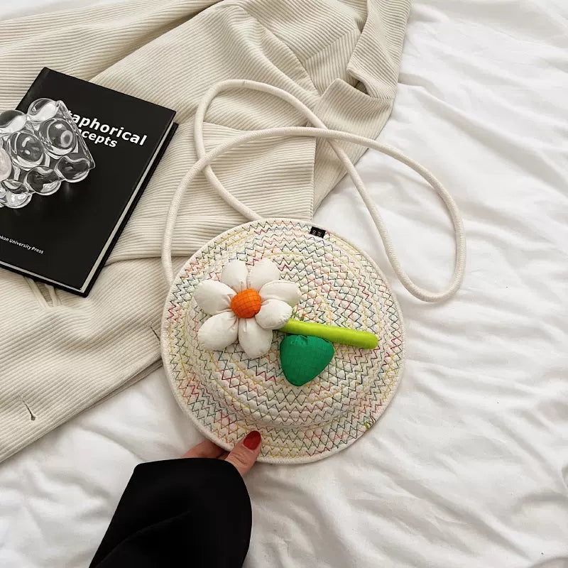 handmade round-shaped flower knitting shoulder bag, knit crossbody bag, knitted beach bag, vintage knitting bag, small knitting bag, crochet knitting bag, handmade knitting bags