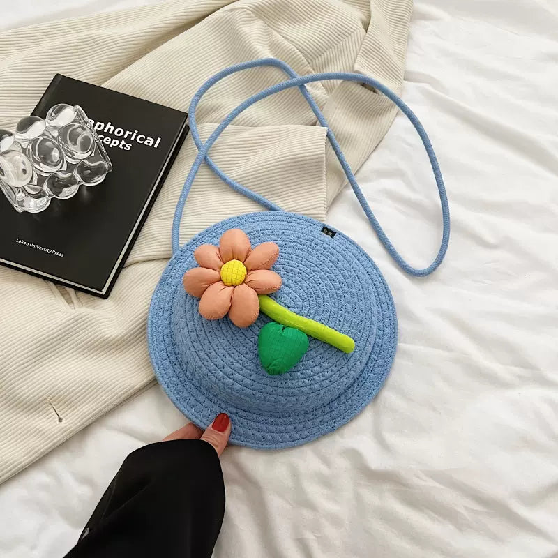 handmade round-shaped flower knitting shoulder bag, knit crossbody bag, knitted beach bag, vintage knitting bag, small knitting bag, crochet knitting bag, handmade knitting bags