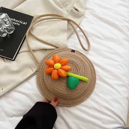 handmade round-shaped flower knitting shoulder bag, knit crossbody bag, knitted beach bag, vintage knitting bag, small knitting bag, crochet knitting bag, handmade knitting bags