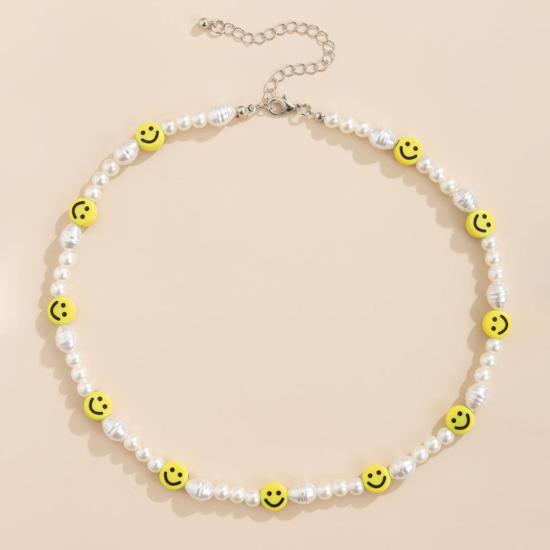 handmade smiling face beaded choker necklace, men’s beaded necklaces, faux pearl bead necklace, colorful beaded necklace, bead necklace women’s, handmade beaded necklaces