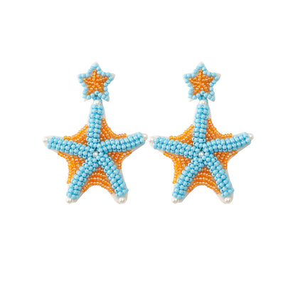 handmade starfish perler beaded earrings, mini perler bead earrings, cute perler bead earrings, beaded dangle earrings, patterns beaded earrings, handmade beaded earrings, boho beaded earrings, blue beaded earrings