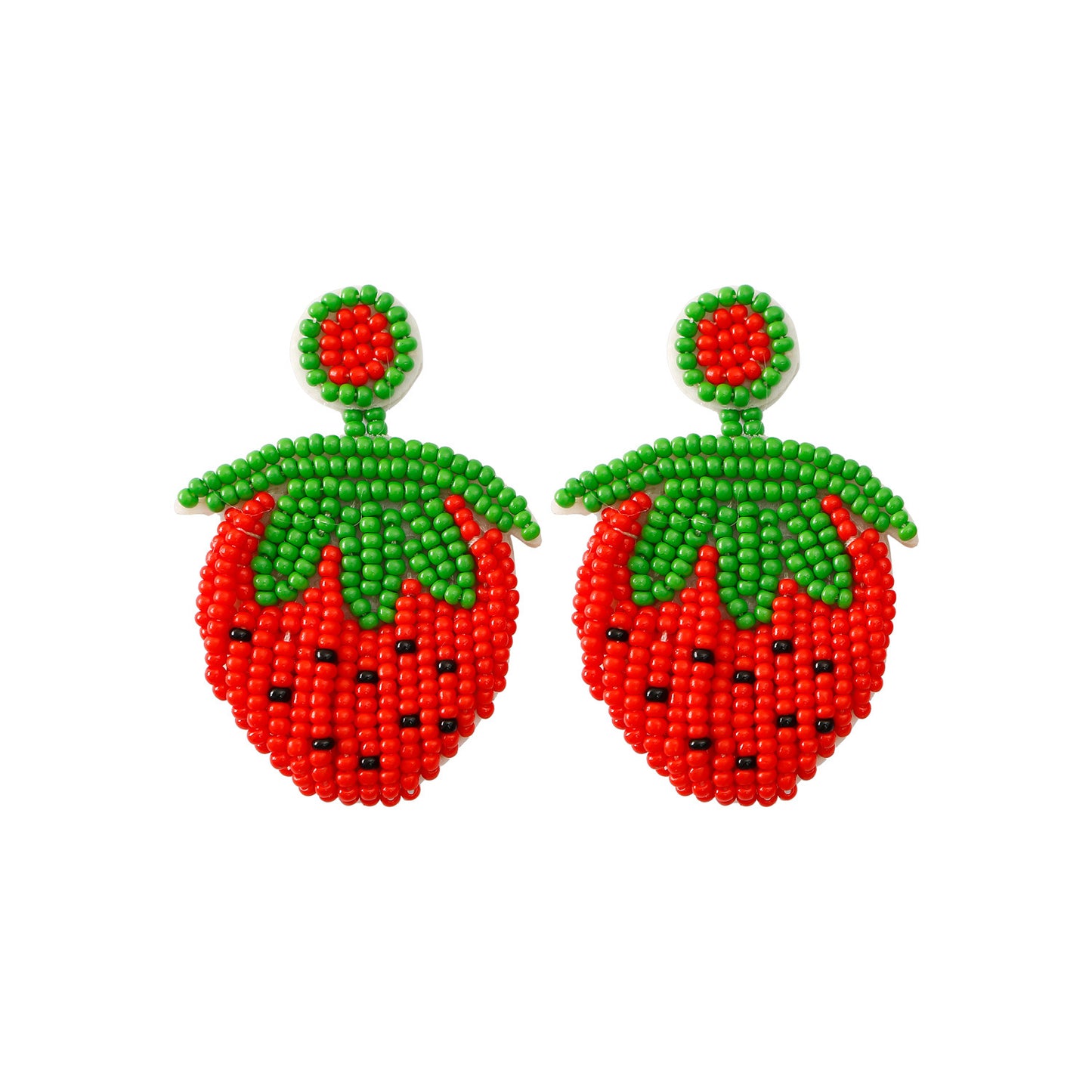 handmade strawberry perler beaded earrings, mini perler bead earrings, cute perler bead earrings, beaded dangle earrings, patterns beaded earrings, handmade beaded earrings, boho beaded earrings, red beaded earrings