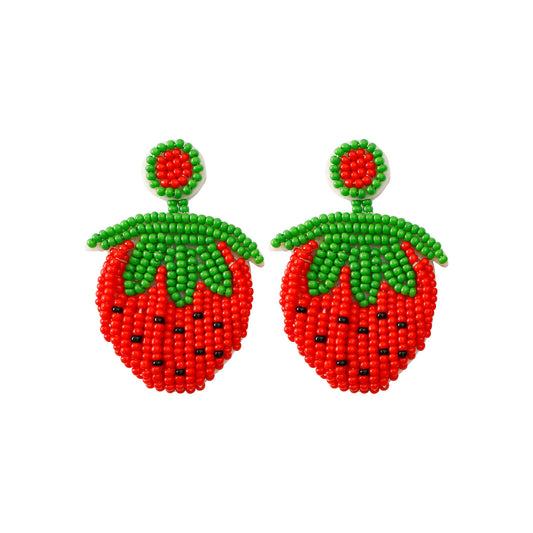 handmade strawberry perler beaded earrings, mini perler bead earrings, cute perler bead earrings, beaded dangle earrings, patterns beaded earrings, handmade beaded earrings, boho beaded earrings, red beaded earrings