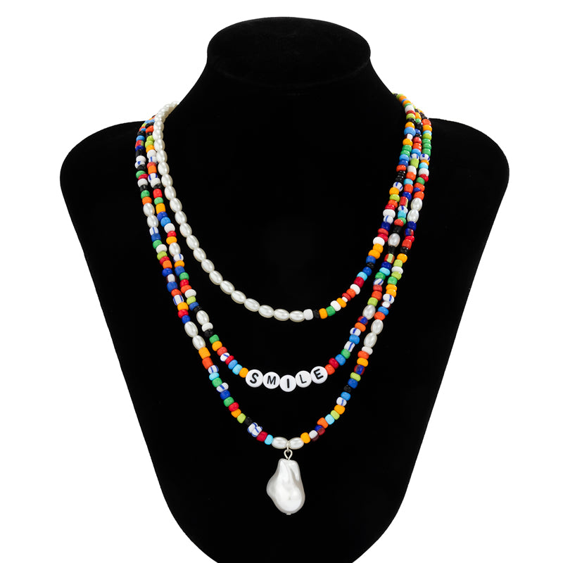 handmade triple wrap faux pearl long beaded necklace, men’s beaded necklaces, faux pearl bead necklace, colorful beaded necklace, bead necklace women’s, seed bead necklace, handmade necklaces, rice bead necklace